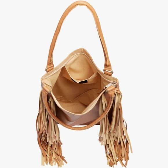 NWT AREA Stars Fringe Faux Leather HOBO Bag, 17"x12.5"X4", Light Brown C… - Picture 4 of 9
